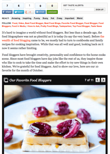 Screenshot of a huffington post article listing "the 18 best food bloggers" with images of food and a brief description of the article's content.