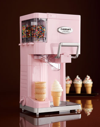 pink Cuisinart soft serve ice cream maker with cones and sprinkles