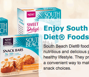 Assorted south beach diet products displayed with text promoting them as nutritious and convenient snack options.