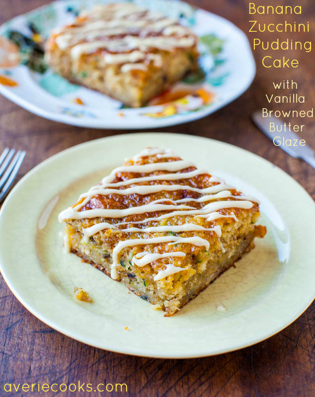Banana Zucchini Pudding Cake with Vanilla Browned Butter Glaze - The softest, moistest cake ever! So easy and the glaze is heavenly!