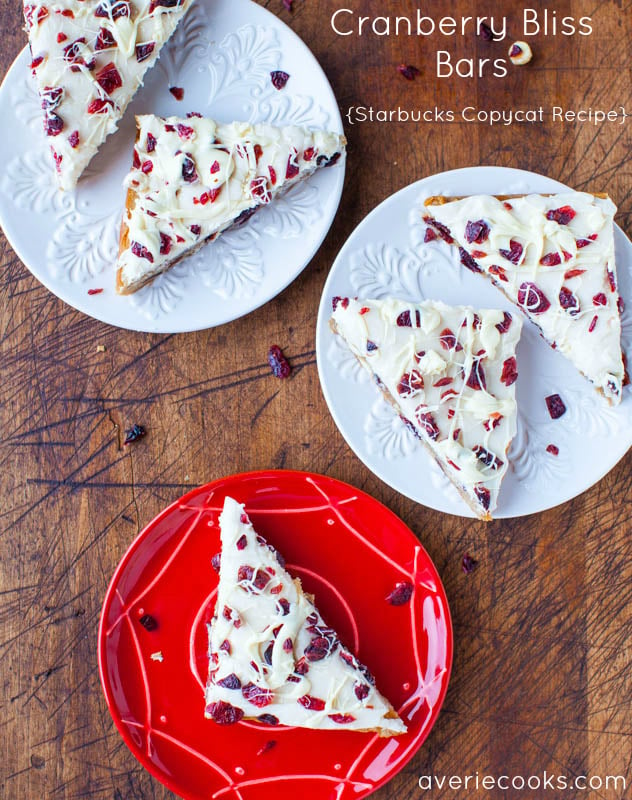 Overhead fo Cranberry Bliss Bars on three plates