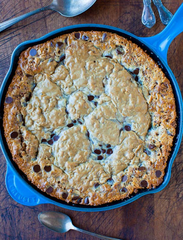 Overhead of Chocolate Chip Peanut Butter Oatmeal Skillet Cookie in blue dish