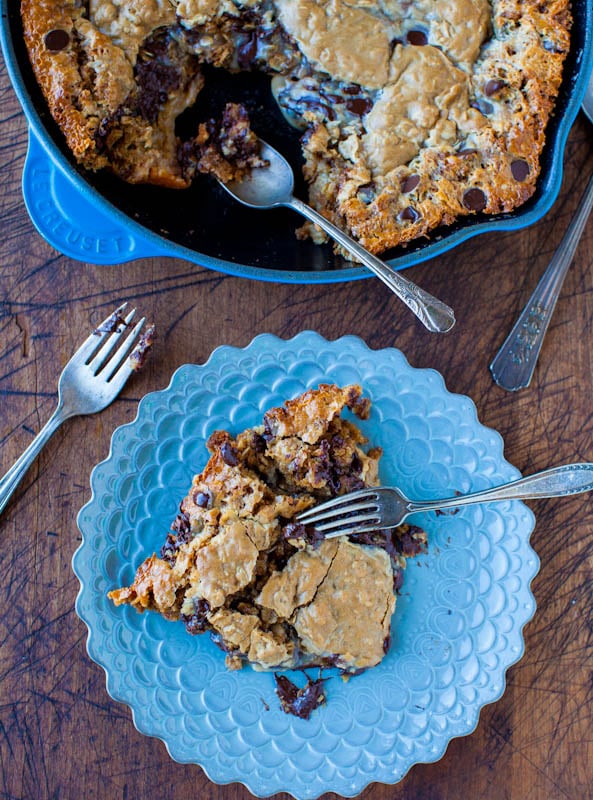 Chocolate Chip Peanut Butter Oatmeal Skillet Cookie on blue plate