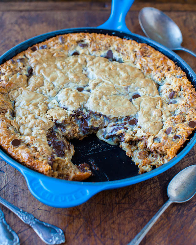 Chocolate Chip Peanut Butter Oatmeal Skillet Cookie in skillet