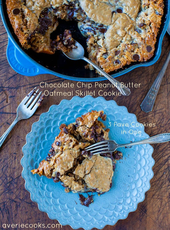 Chocolate Chip Peanut Butter Oatmeal Skillet Cookie on blue plate