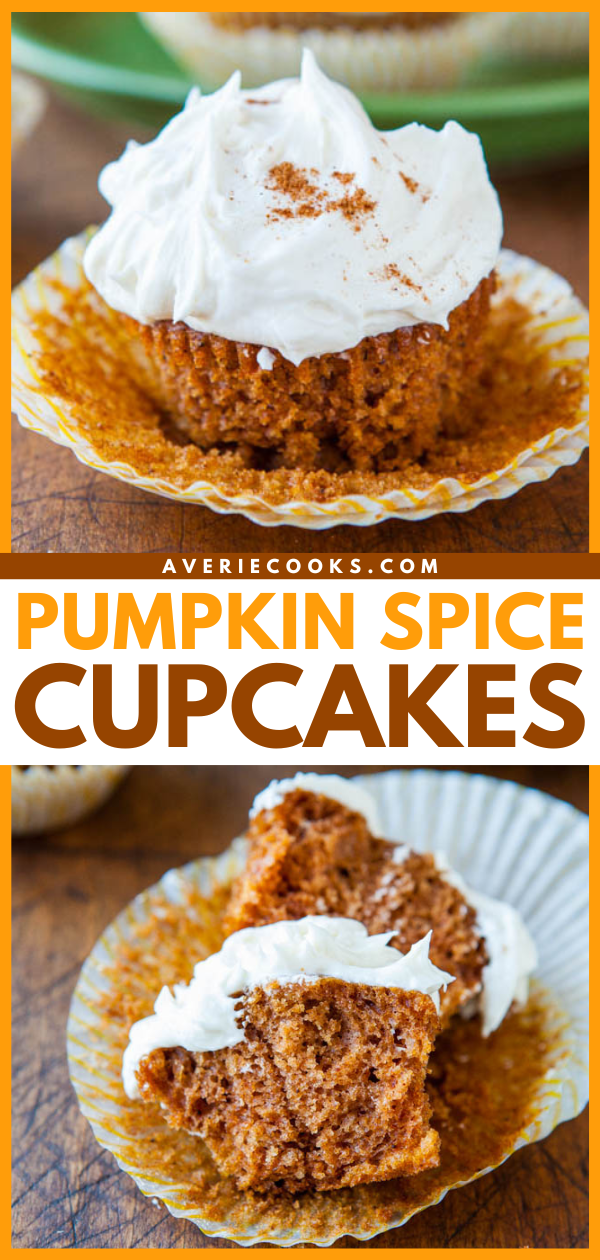 Pumpkin Spice Cupcakes with Marshmallow Buttercream Frosting are moist, dense, and robustly-flavored with fall spices that combine perfectly with the sweet, creamy, fluffy yet dense, marshmallow buttercream.