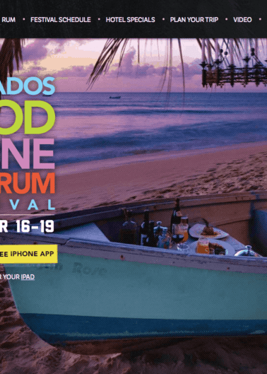 Promotional image for the barbados food & wine and rum festival, featuring a boat on the beach at dusk with event details.