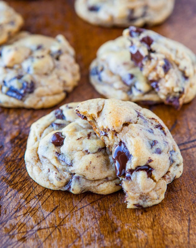 Chocolate Chip and Chunk Cookies on a wooden surface