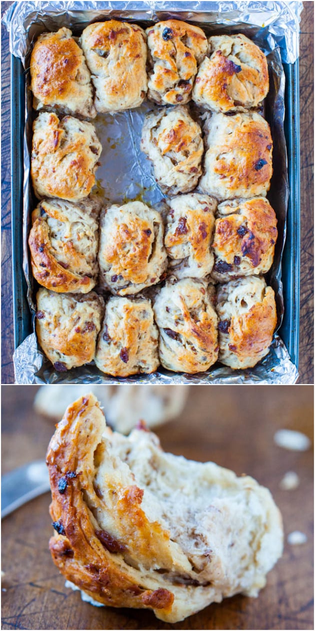 Easy Oatmeal Dinner Rolls (with Raisins!) — Lightly sweetened from honey in the dough and are brushed with honey-butter prior to baking, these homemade dinner rolls are subtly sweet and so easy to make! 