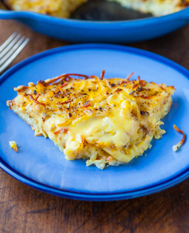 Creamy and Crispy Hash Browns Frittata on blue plate