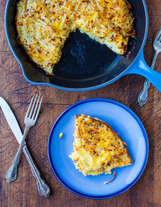 Creamy and Crispy Hash Browns Frittata on blue plate