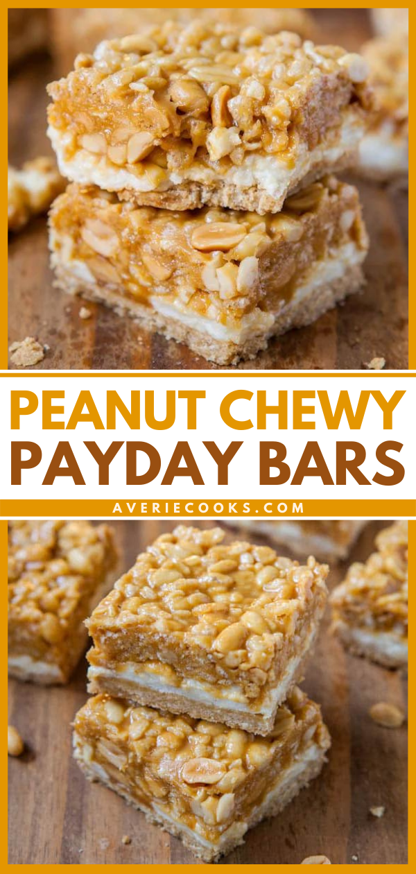 Peanut Chewy Payday Bars are a three-layered bar full of that resembles a Payday candy bar, but better - thanks to the gooey marshmallows that are sandwiched in the middle layer.