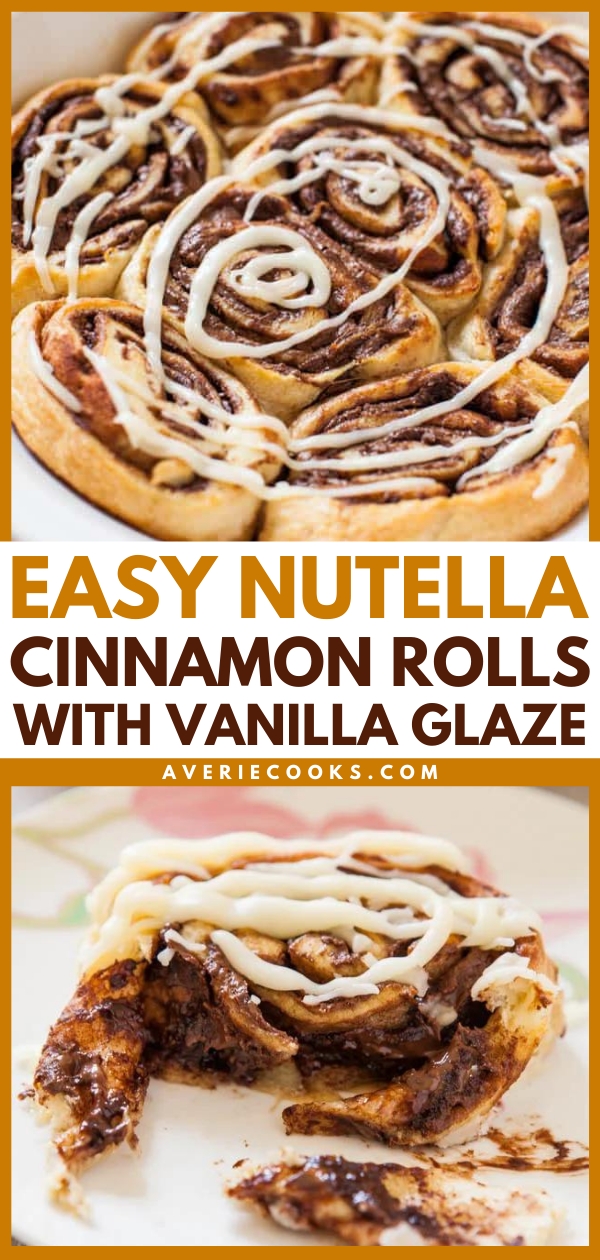 Nutella Cinnamon Rolls with Vanilla Glaze are decadent and a ridiculously easy way to enjoy homemade cinnamon rolls in a hurry.