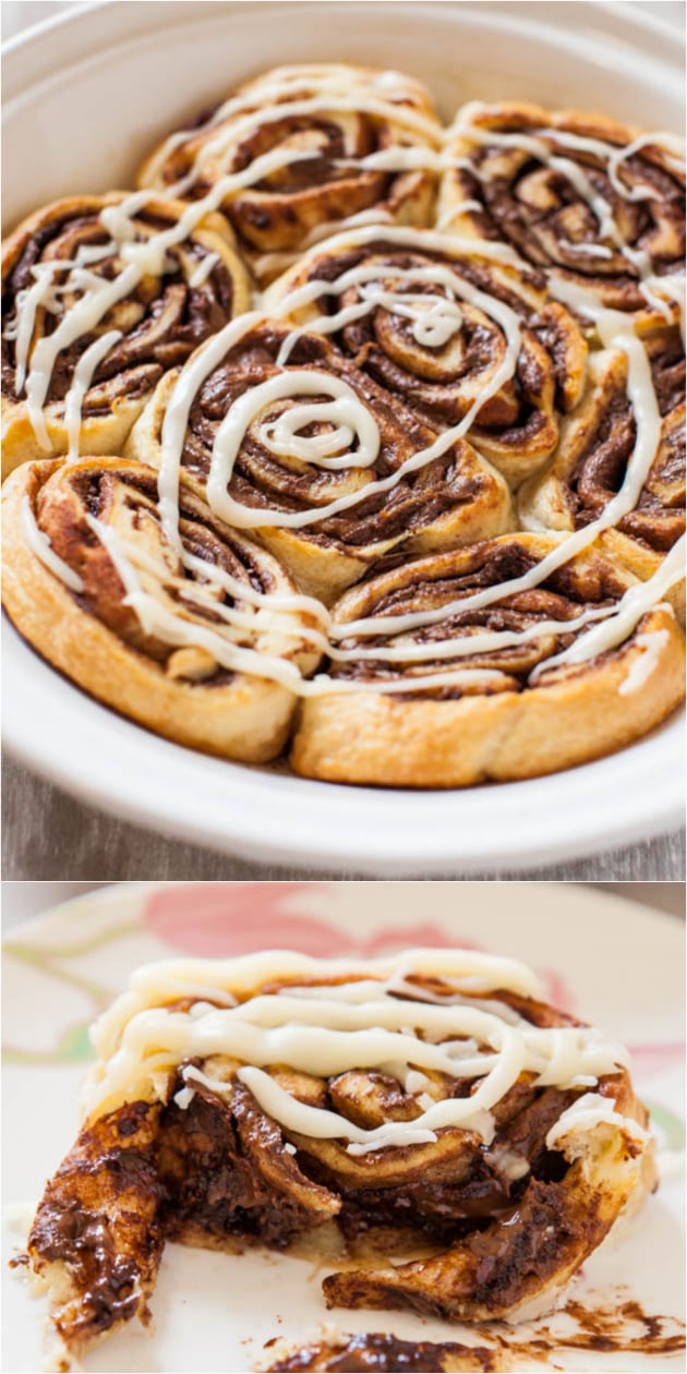 Nutella Cinnamon Rolls with Vanilla Glaze - Soft, gooey rolls that everyone loves. They're ready in 15 minutes & require zero planning! I love shortcuts!