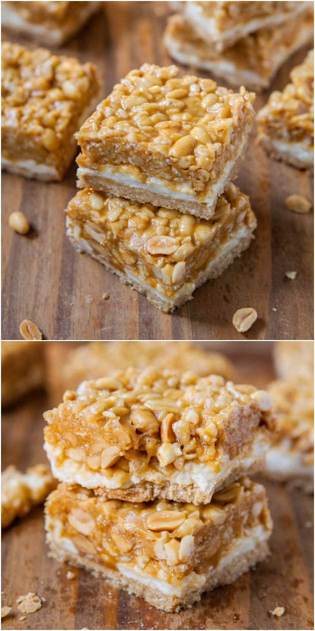 Peanut Chewy Payday Bars - Like the classic candy bar and with a layer of marshmallow, too! Soft and chewy, salty-and-sweet all in one easy bar!