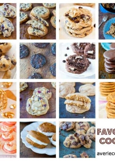 A collage of various homemade cookies displaying different flavors and textures with the text "favorite cookies - averiecooks.com".