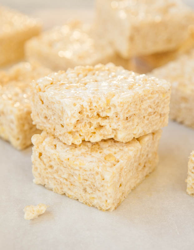 Stacked Browned Butter Rice Krispies Treats with bite taken out of one
