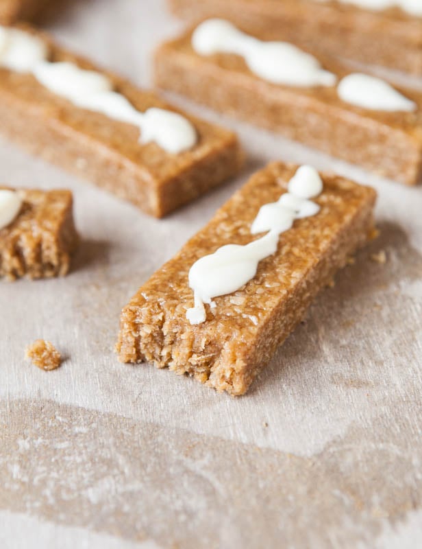 Snickerdoodle Cookie Granola Bars on a beige cloth