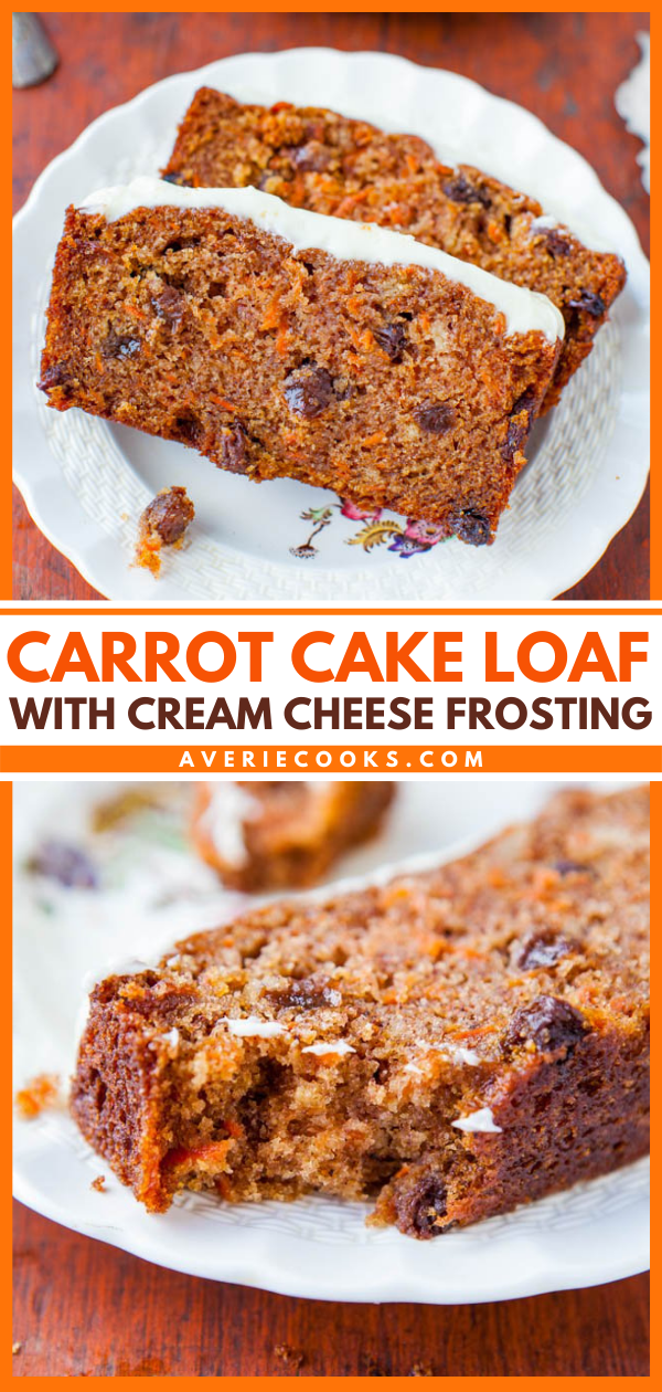Carrot Cake Loaf with Cream Cheese Frosting — My favorite recipe for carrot cake!! It's ridiculously moist, soft, tender, and full of cinnamon-and-spice-and-everything-nice, including an abundance of carrots and sweet, juicy raisins! 