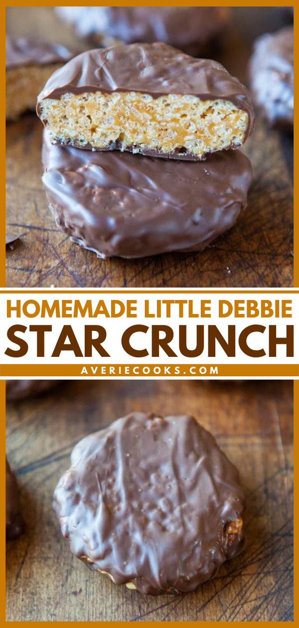 No-bake Homemade Little Debbie Star Crunch- caramel and butter are melted and combined with marshmallows to create a gooey sweet sauce for crispy rice cereal, which provides texture and crunch- it's almost better than the real thing!