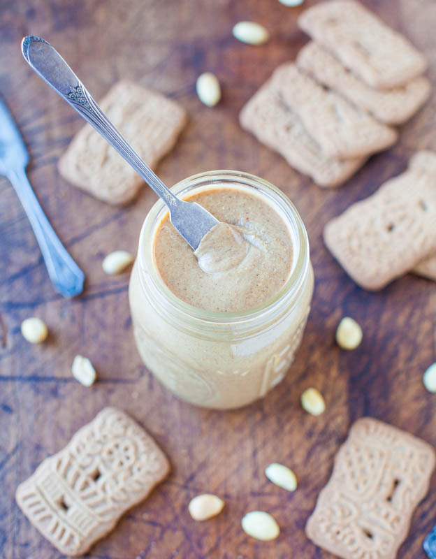 Homemade Cookie Butter Peanut Butter in jar with knife