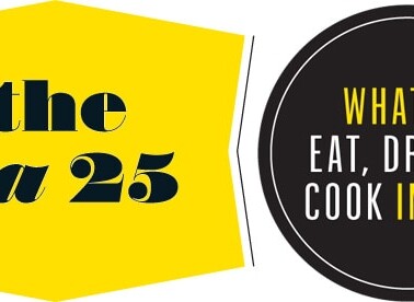 A graphic with two hexagonal badges side by side; the left yellow badge says "the ba 25," and the right black badge says "what to eat, drink & cook in 2013.