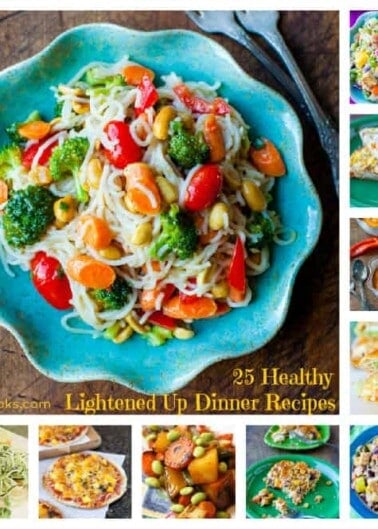 A collage of various healthy dinner recipes, featuring a prominent image of a colorful, vegetable-packed pasta dish served in a teal bowl.