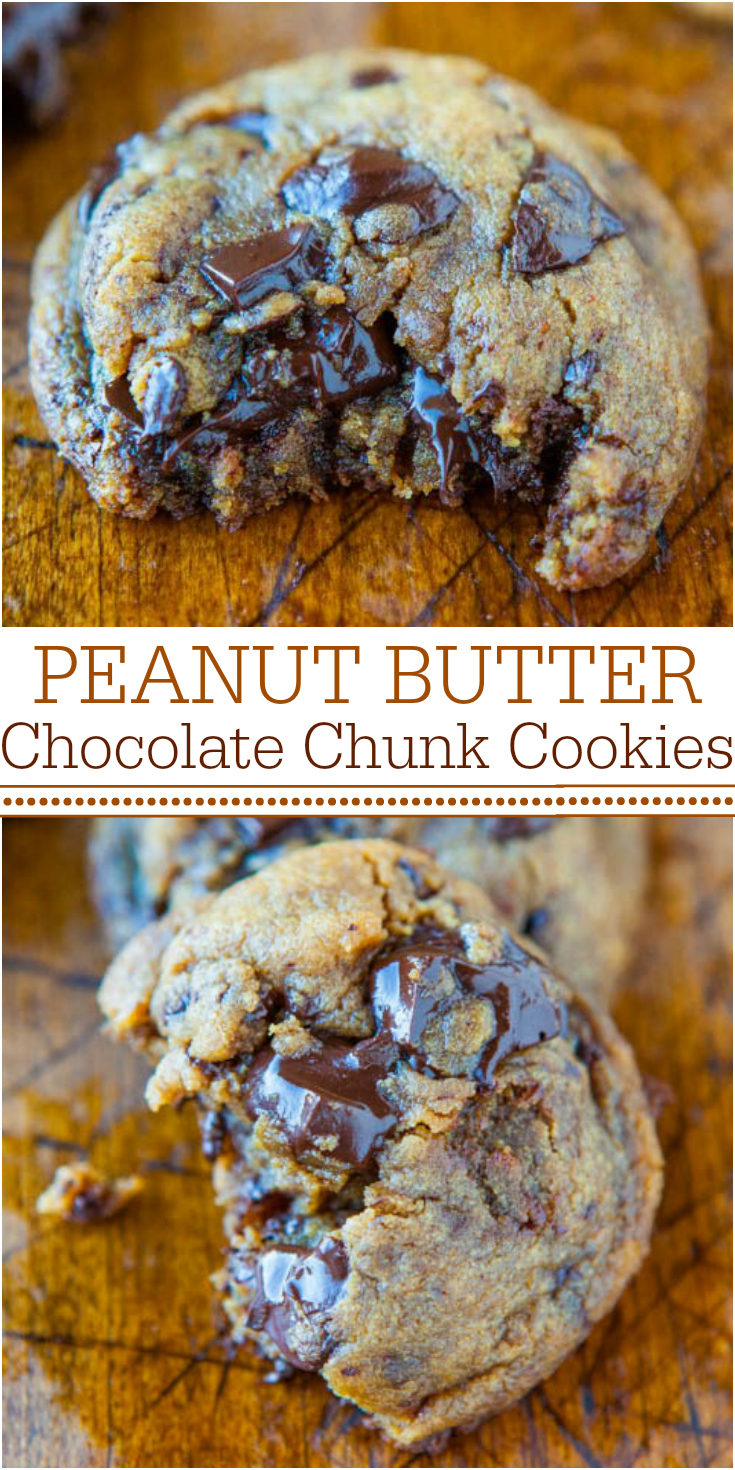Peanut Butter Chocolate Chunk Cookies - The BEST PB Cookies! NO Flour, NO Butter, and NO White sugar used! Soft, chewy and oozing with dark chocolate!!