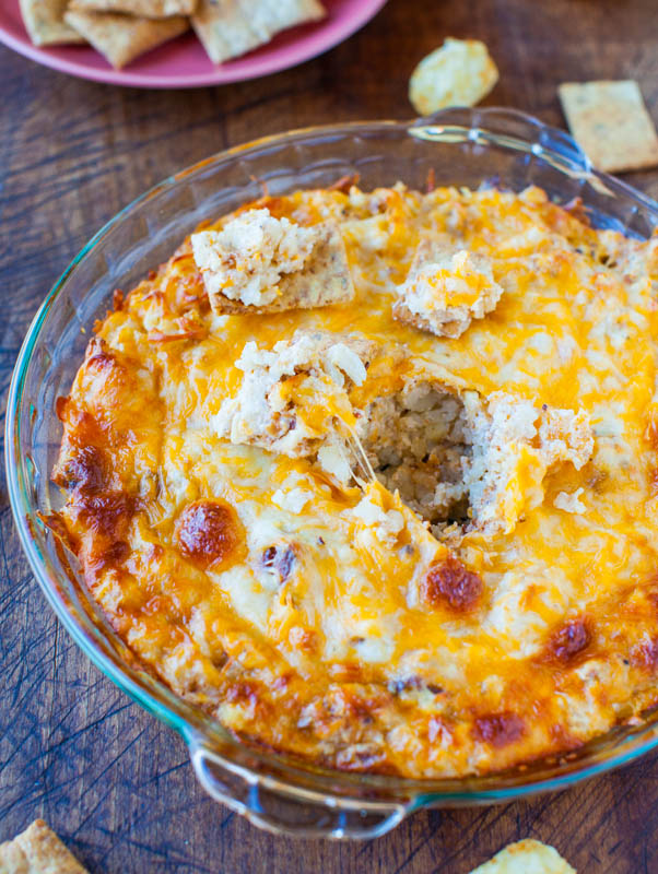 Loaded Potato Dip — My favorite baked potato toppings, all loaded into this cheesy dip! This easy party dip is made with tater tots, sour cream, meatballs, and cheese!!