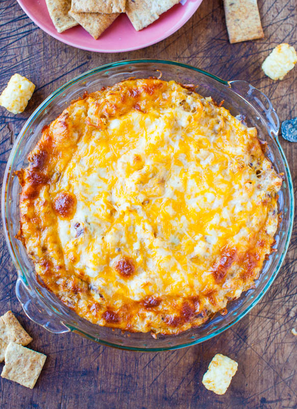 Loaded Potato Dip — My favorite baked potato toppings, all loaded into this cheesy dip! This easy party dip is made with tater tots, sour cream, meatballs, and cheese!!