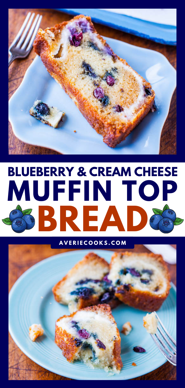 Blueberry and Cream Cheese Muffin Top Bread - This bread tastes like one big muffin top and is more like a dense cake-meets-muffin-top than bread because it's falling-apart soft, tender, and moist. It's dense yet springy and bouncy, and it oozes with blueberries.