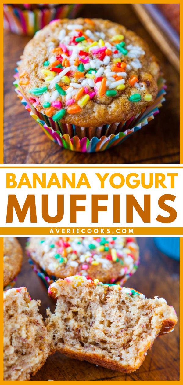 Banana Yogurt Muffins — These muffins are so moist, tender and soft, thanks to the addition of Greek yogurt. The batter is make in one bowl, by hand, in mere minutes and the muffins go from idea to mixing bowl to oven to mouth all in under 30 minutes.