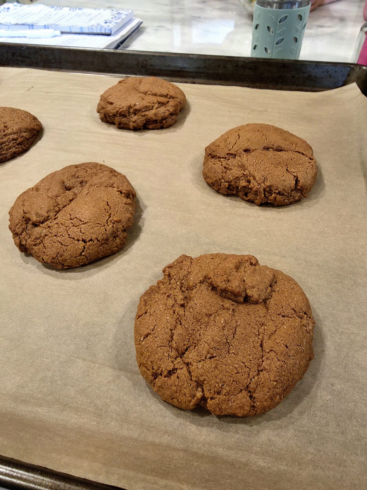 Five large chocolate cookies on a parchment-lined baking sheet, fresh out of the oven, with a countertop and kitchen items visible in the background.