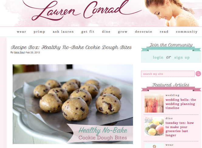 Lauren Conrad featured my Raw Vegan Chocolate Chip Cookie Dough Balls