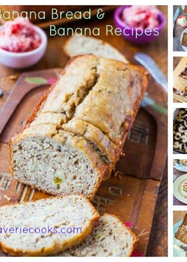 A collage of various banana bread and banana recipes from the blog "averiecooks.com.