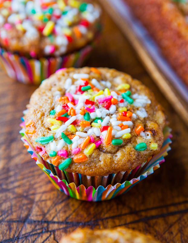 close up of banana yogurt muffin topped with sprinkles