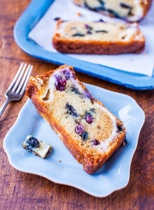 Blueberry and Cream Cheese Muffin Top Bread on a blue plate 