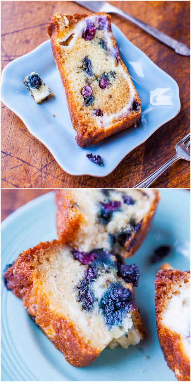 Blueberry and Cream Cheese Muffin Top Bread - A whole loaf of bread that tastes like one big muffin top! Supremely soft & moist from all the blueberries & cream cheese swirls!