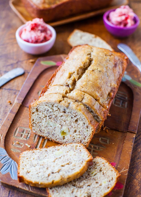 A loaf of Browned Butter Buttermilk Banana Bread with Strawberry Butter