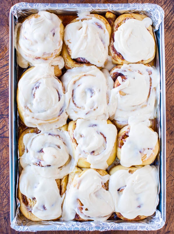 overnight cinnamon rolls topped with cream cheese frosting