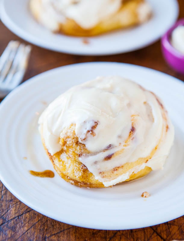 Overnight Cinnamon Roll topped with frosting