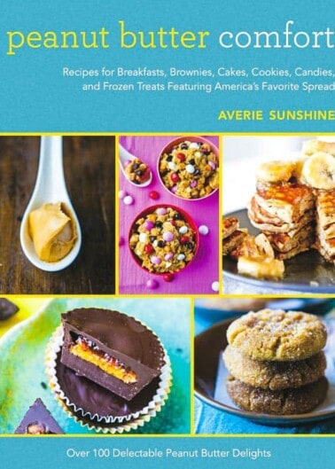A colorful cookbook cover titled "peanut butter comfort" featuring various peanut butter-based desserts.