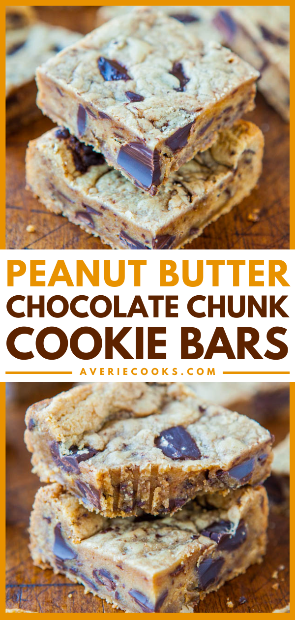 Peanut Butter Chocolate Chunk Cookie Bars - All the flavor and texture of peanut butter-chocolate cookies, but much faster and easier. The batter comes together in minutes by hand and in one bowl. In under 30 minutes, from start to finish, you can be eating one of these bars.