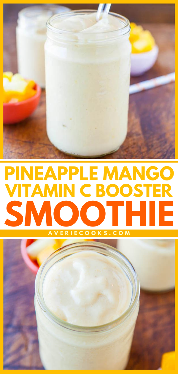 Pineapple Mango Vitamin C Booster Smoothie - this smoothie will help you work in extra vitamins, minerals, fiber, and all the goodness that plants can offer, including an extra boost of Vitamin C to help combat colds and flu, sickness, and germs.