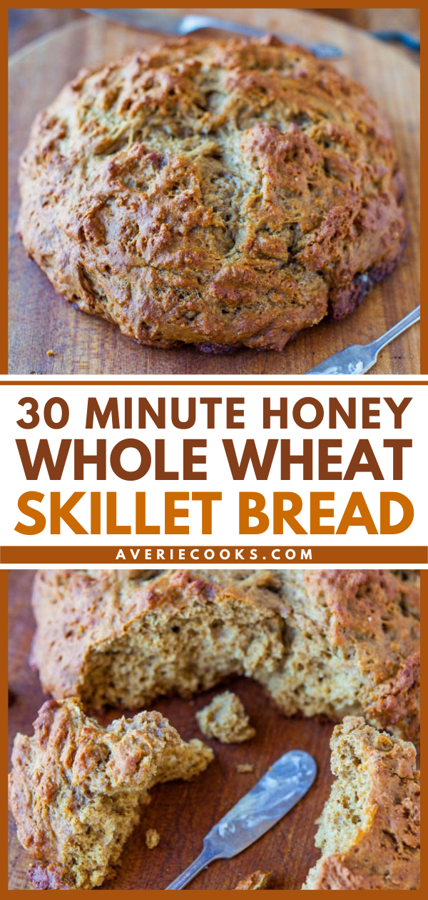 30-Minute Honey Whole Wheat Skillet Bread — Skillet breads bake quicker than bread in loaf pans, so you get to enjoy this bread sooner rather than later. It's soft, fluffy, chewy, and lightweight with a moist crumb that reminds me of the texture of a moist muffin.