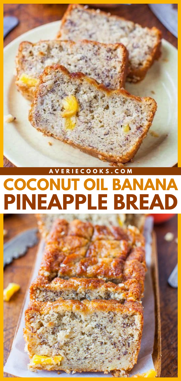 This Banana Pineapple Bread is incredibly moist and is ever so slightly coconut flavored thanks to the coconut oil in the batter. You'll definitely want seconds of this easy banana bread recipe! 