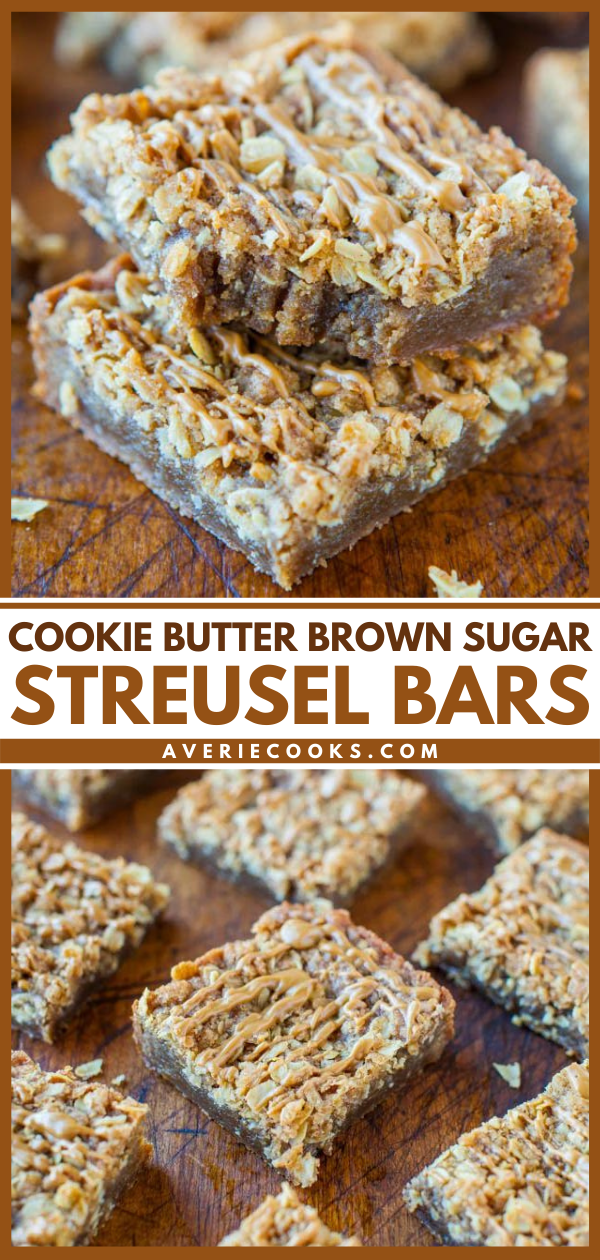 Cookie Butter Brown Sugar Streusel Bars - These easy and fast bars combine three things I love: Cookie Butter, brown sugar, and streusel topping. The bars are soft, tender and moist in the center with lots of chewiness around the edges.