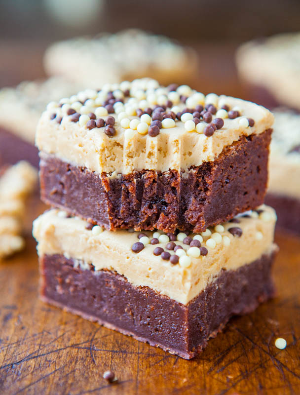 Fudgy Brownies with Peanut Butter Buttercream stacked