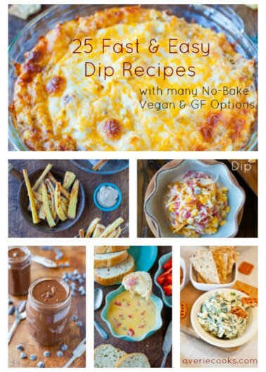 A collage of six images showcasing a variety of dip recipes, with a title that reads "25 fast & easy dip recipes with many no-bake vegan & gf options.
