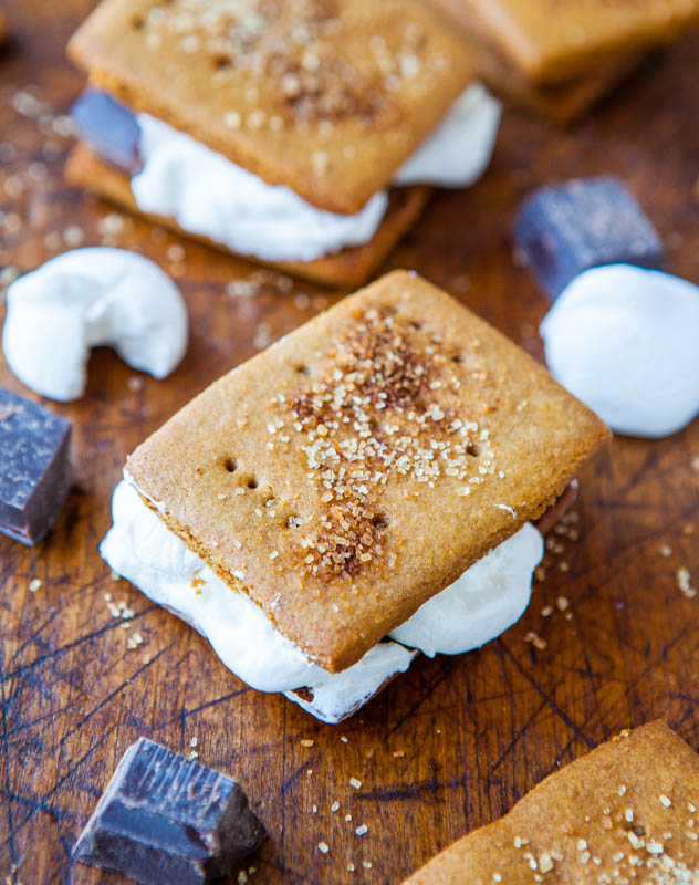 Close up of one Homemade Cinnamon Sugar Graham Crackers Smore sprinkled with sugar